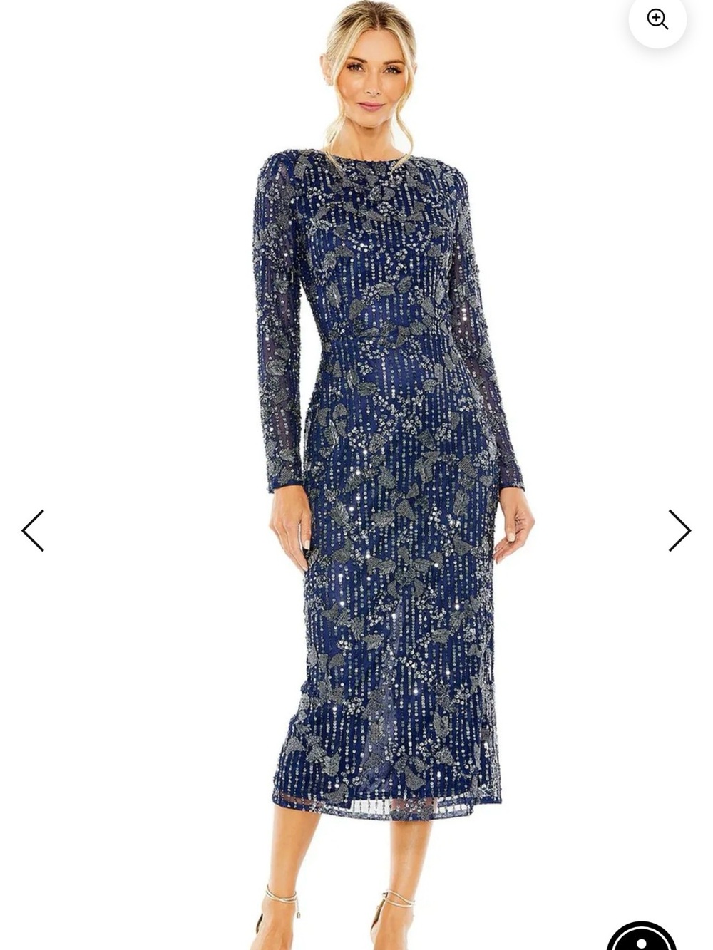 Mac Duggal Navy Beaded Long-Sleeve Midi Dress